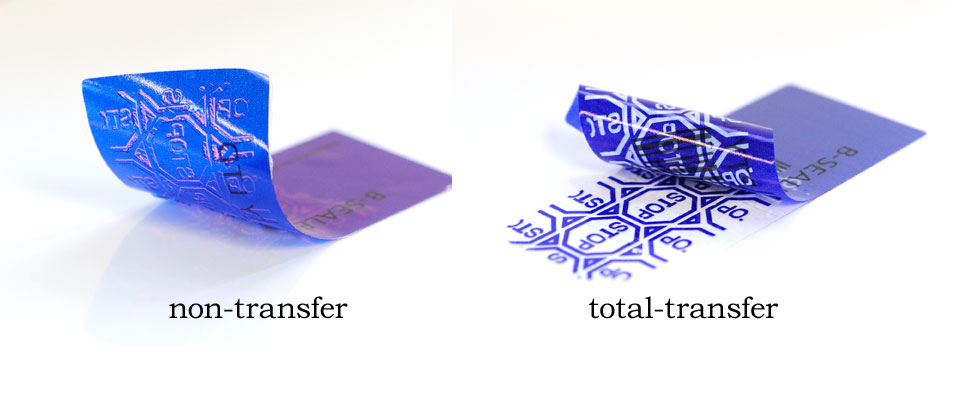 Non-transfer labels do not leave marks when peeled off, but void themselves to prevent reuse. Total-transfer labels void themselves while leaving a film with a void message on the surface.